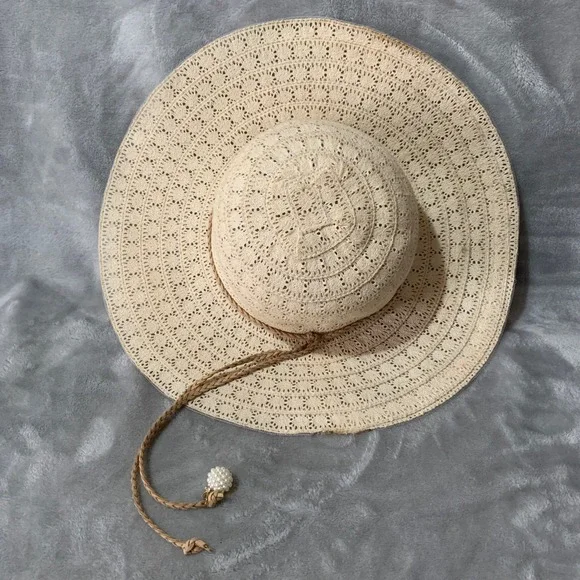 Somas Accessories Greece Beige Crochet Wide Brim Sun Hat Pearl Charm Sz 57 Lace - Picture 8 of 16